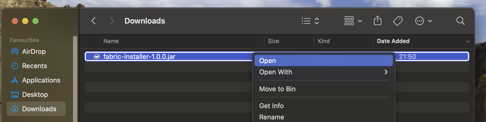 MacOS context menu on Fabric Installer.